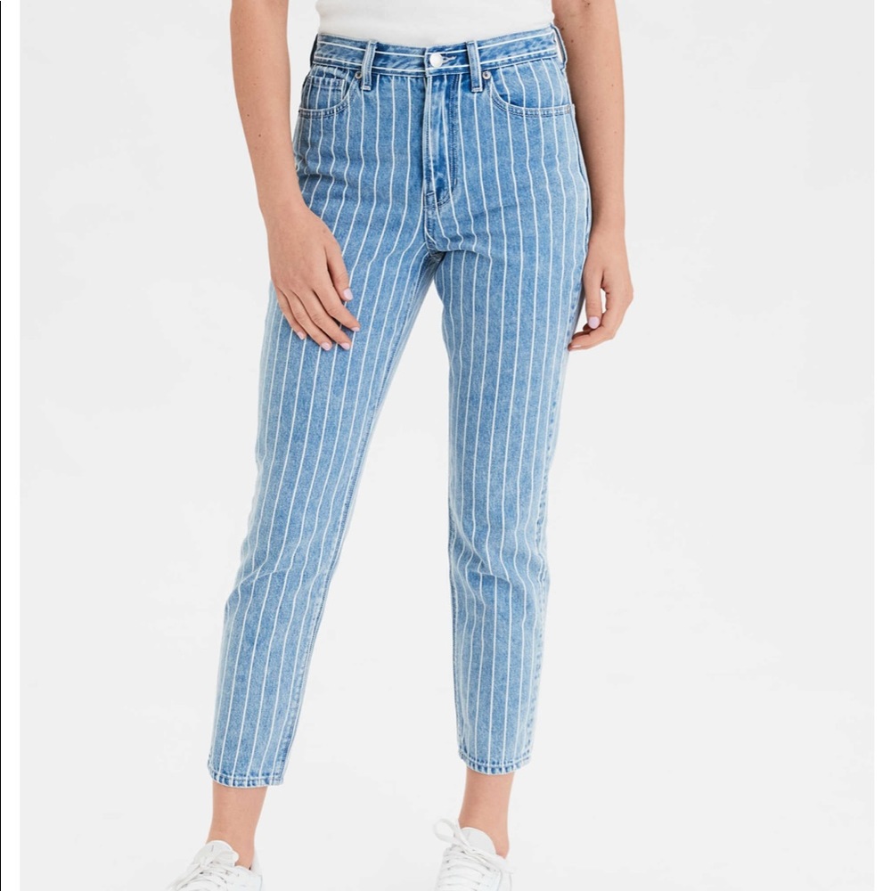 retro white striped american eagle mom blue jeans